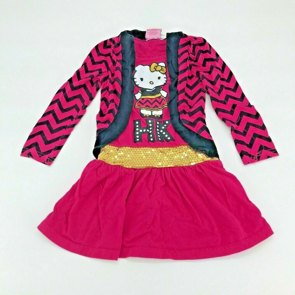 Hello Kitty Girls Pink Sequined Chevron Sweater Layered Dress Youth Size XS 4/5